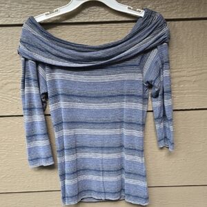 Max Studio Off Shoulder Blue Gray Stripe Top M